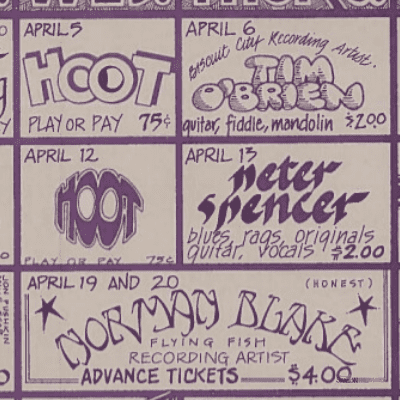 A closeup look at Tim O'Brien's concert listing from the April 1978 Denver Folklore Center concert calendar