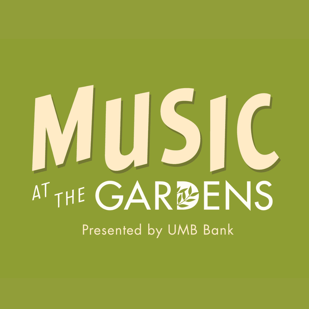 A text logo for Denver Botanic Gardens' "Music at the Gardens," set on white text against a green background