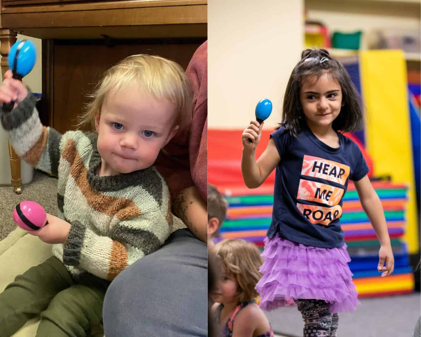 A collage of two toddlers in music classes at Swallow Hill Music in Denver - the boy on the left is sitting, has blonde hair, and is shaking a blue maraca in one hand and a pink maraca in the other and is wearing a sweater, while the Latina girl on the right is shaking a blue maraca while standing and wearing a shirt that says "Hear Me Roar"
