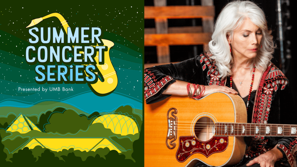 Emmylou Harris, one of the artists in the 2024 Denver Botanic Gardens Summer Concert Series, looking down at an acoustic guitar she is holding in her lap