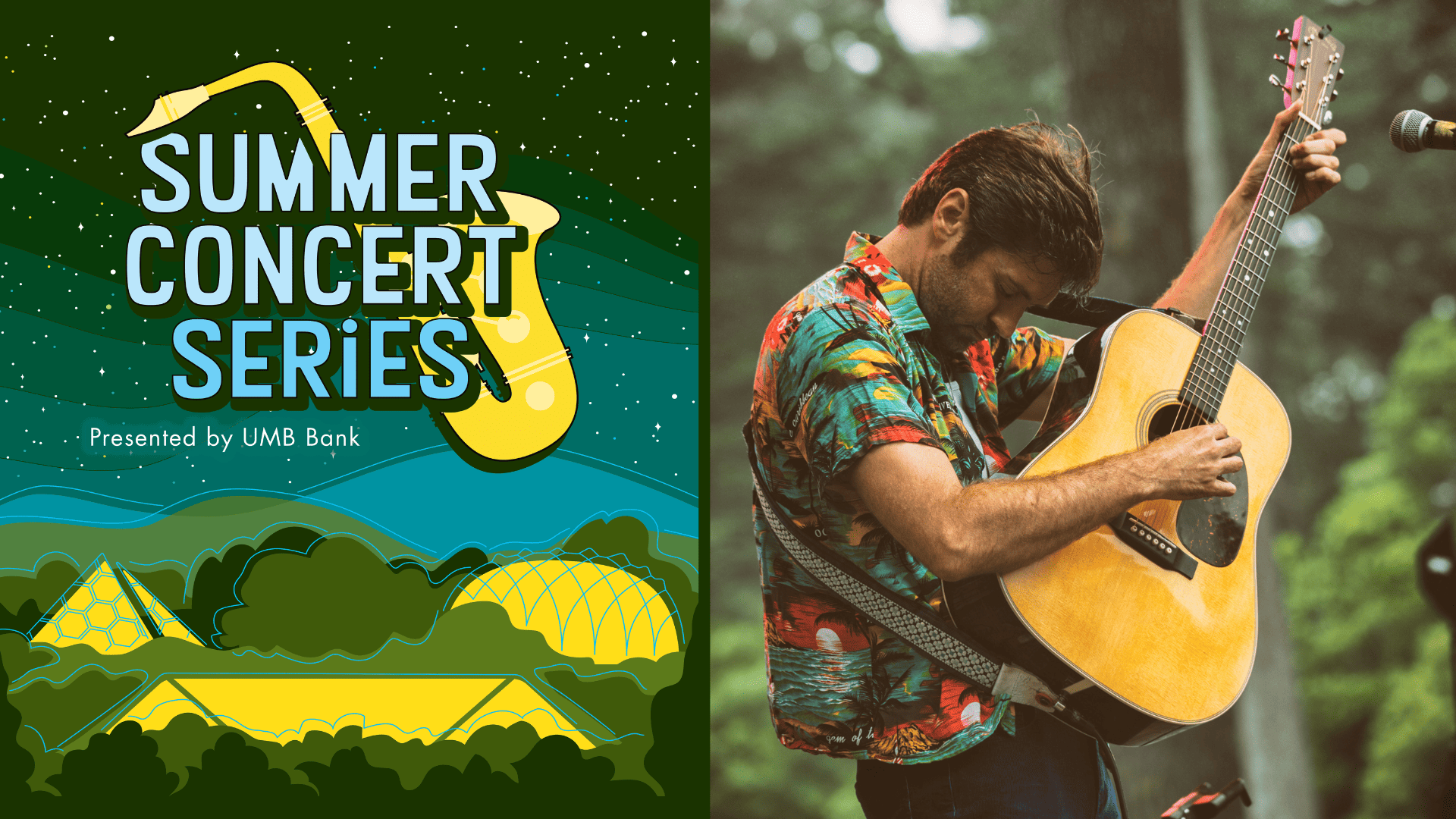 John Craigie, one of the artists in the 2024 Denver Botanic Gardens Summer Concert Series, playing an acoustic guitar and singing into a microphone with his eyes closed and a harmonica around his neck