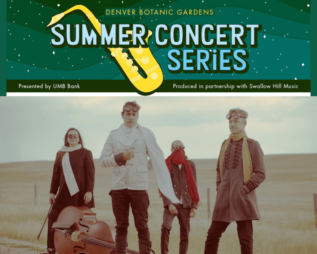 The four members of Devotchka, one of the artists in the 2024 Denver Botanic Gardens Summer Concert Series, stand in a desert backdrop with goggles on their heads and a string bass at their feet