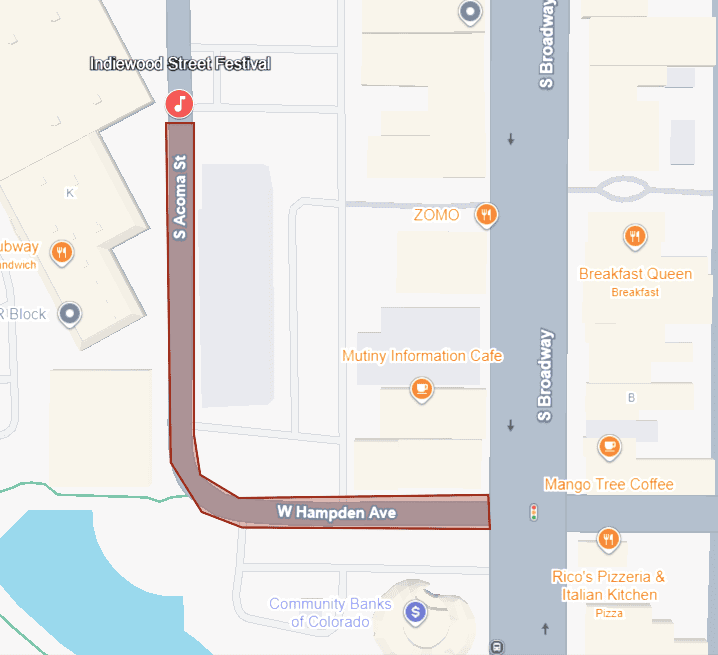 A map showing the location of Swallow Hill Music's Indiewood Street Festival, on W Hampden Ave and Acoma St