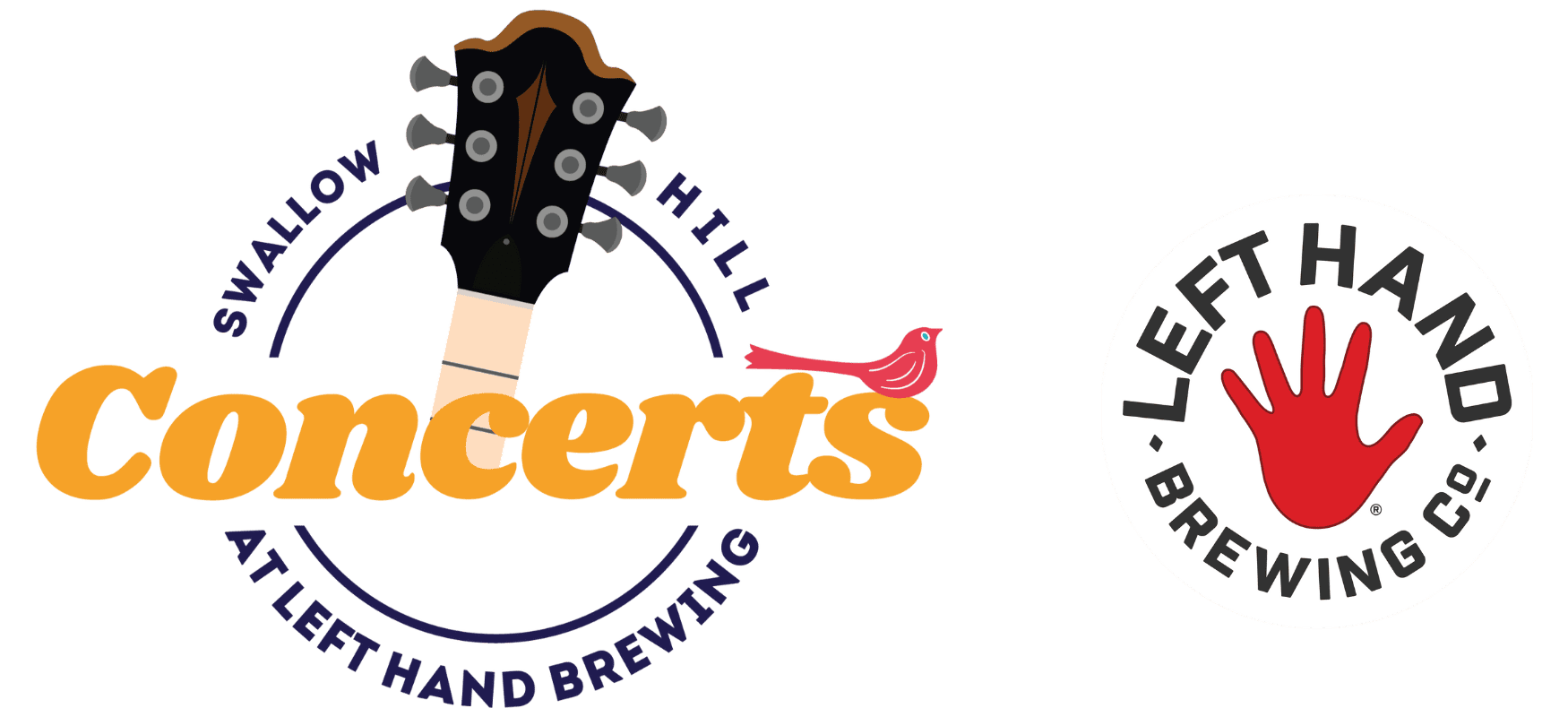Swallow Hill Concerts at Left Hand Brewing Logo A logo reading "Swallow Hill Concerts at Left Hand Brewing", next to Left Hand Brewing's logo featuring a red outline of a left hand